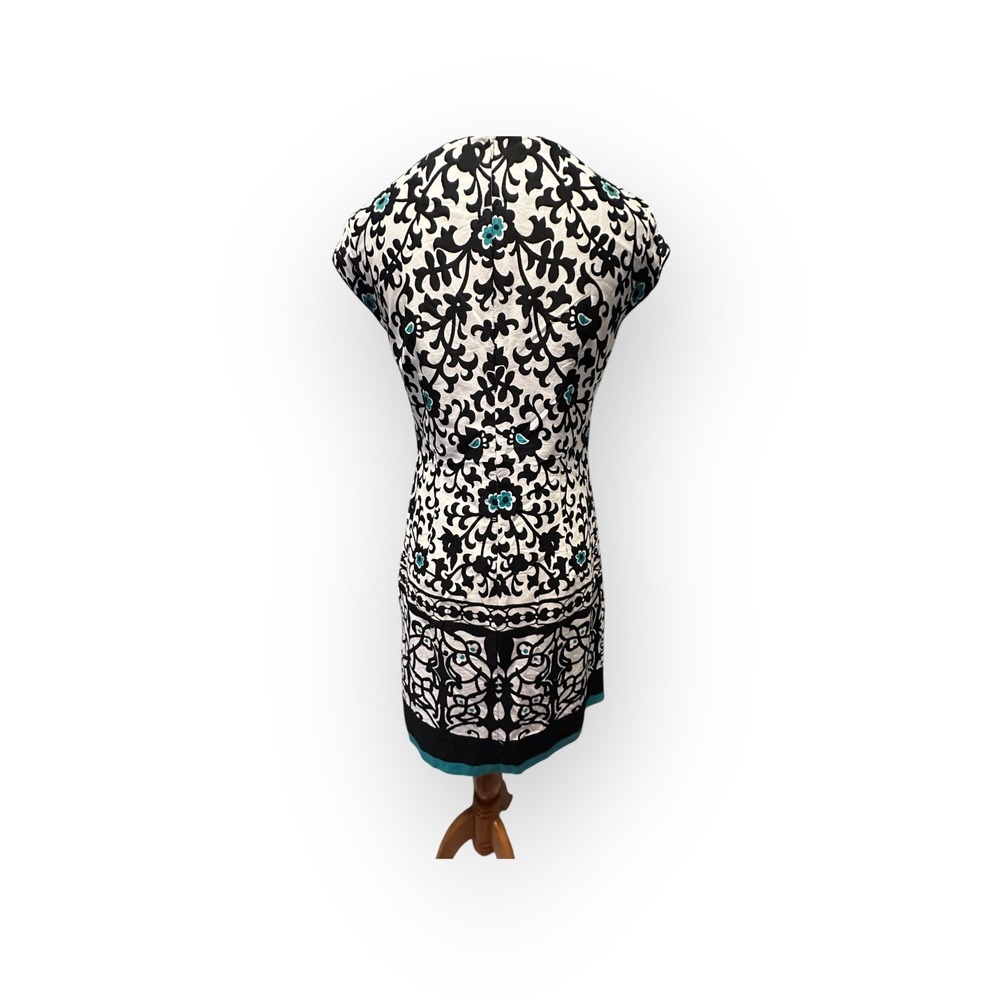 Liz Claiborne Sheath Dress Size 6 Black White Turquoise Scroll Border Print - Picture 6 of 16
